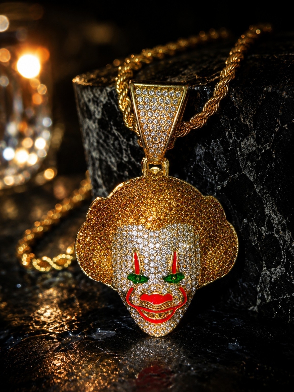 Iced Clown Face Pendant Necklace Gold Tone Rhinestone Rope Chain Streetwear